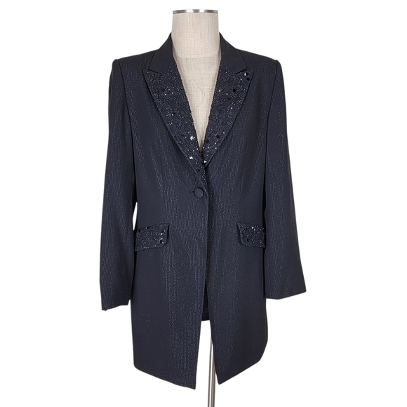 John Meyer Long Blazer Size 10 Black Silver Beaded Front Flap Pockets Slit Cuffs - Picture 1 of 12